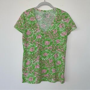 Lilly Pulitzer Sunnyside Lion V-Neck Short Sleeve Top Shirt S Pink Green Beachy